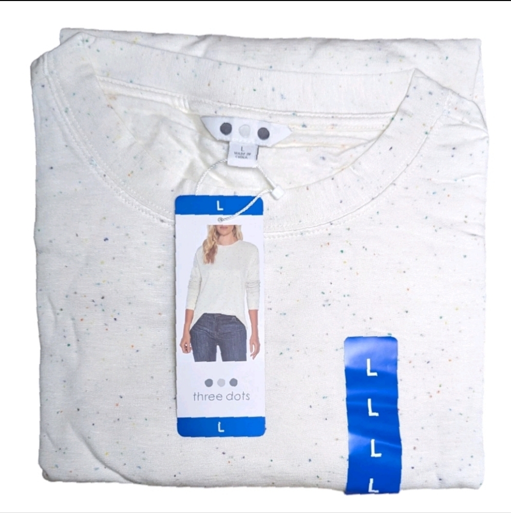 Three Dots Women's Long Sleeve Speckled Cozy Ivory Pullover L